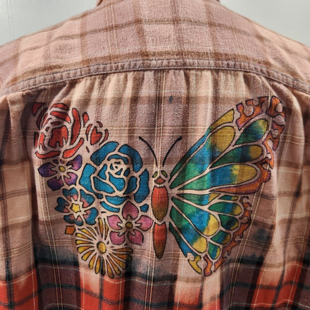 Upcycled Hand Painted Butterfly Flannel Shirt - Bleached Red L Unisex - Picture 7 of 8